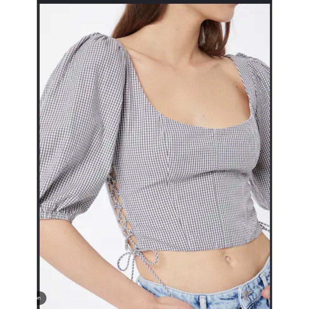 Abercrombie & Fitch Gingham Puff Sleeve Lace Up Side Crop Top Black White L NWT